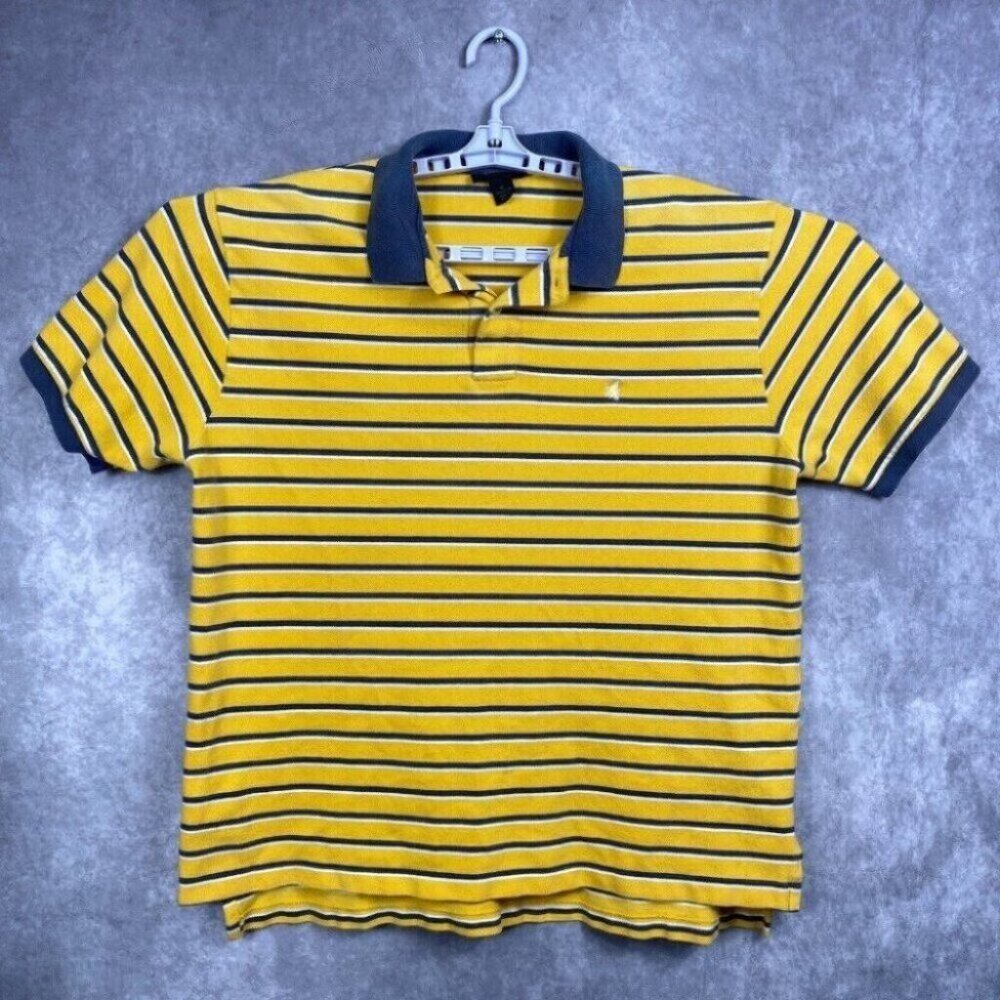 Express Shirt Mens XL Yellow Striped Cotton Polo Collar Short Sleeve Pullover
